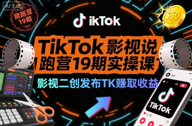 TikTok影视解说陪跑营19期实操课，影视二创发布TK賺取收益，万播收益50美金-云深网创社