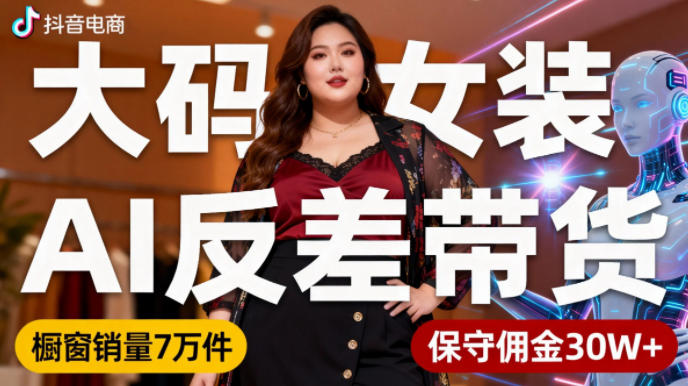 抖音小众赛道，大码女装AI反差带货，不用直播，每天6条作品，橱窗卖7万件，保守佣金30W+-云深网创社