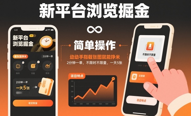 新平台浏览掘金，动动手指截张图就能挣米，2分钟一单，不限时不限量，一天5张【揭秘】-云深网创社