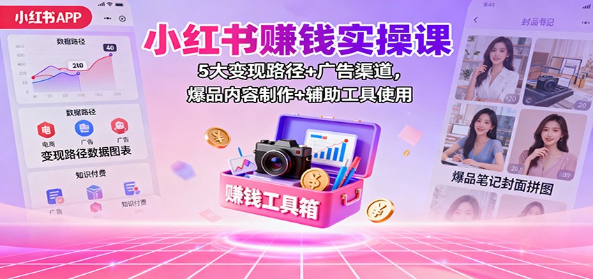 小红书赚钱实操课：5大变现路径+广告渠道，爆品内容制作+辅助工具使用-云深网创社