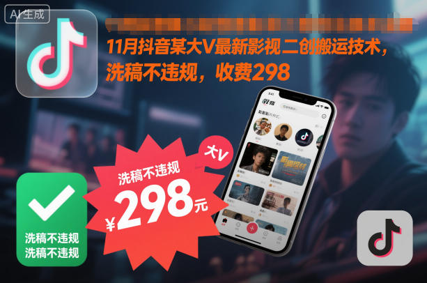 11月抖音某大V最新影视二创搬运技术，洗稿不违规，收费298-云深网创社