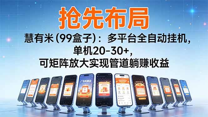 （16757期）【抢先布局】慧有米（99盒子）：多平台全自动挂机，单机20-30+，可矩阵放大实现管道躺赚收益-云深网创社