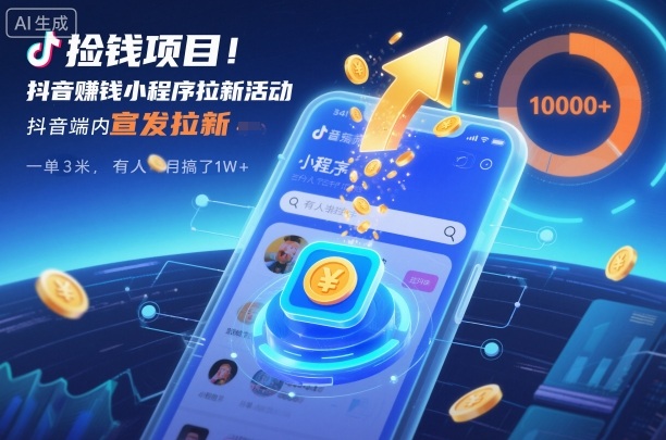 捡钱项目！抖音賺钱小程序拉新活动，抖音端内宣发拉新，一单3米，有人半个月搞了1W+-云深网创社