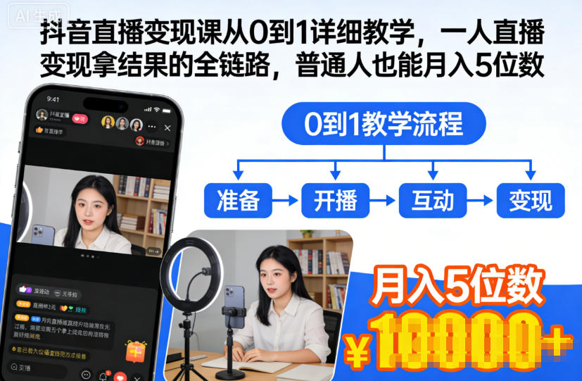 抖音直播变现课从0到1详细教学，一人直播变现拿结果的全链路，普通人也能月入5位数-云深网创社