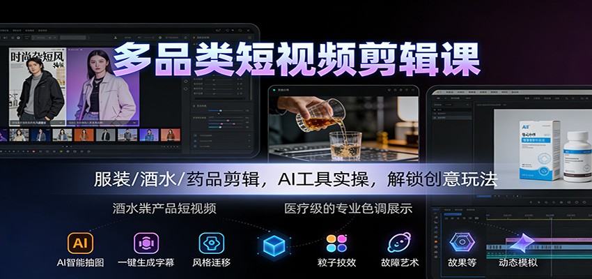 多品类短视频剪辑课：服装/酒水/药品剪辑，AI工具实操，解锁创意玩法-云深网创社