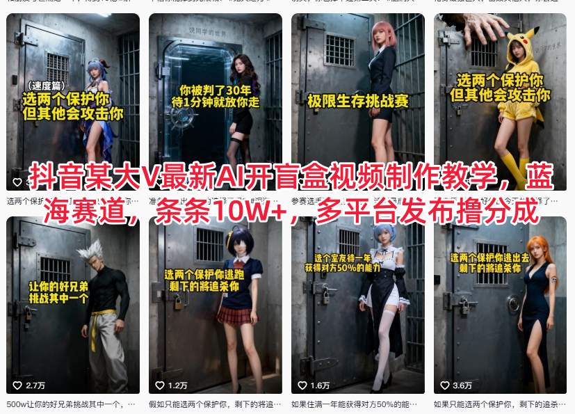 抖音某大V最新AI开盲盒视频制作教学，蓝海赛道，条条10W+，多平台发布撸分成-云深网创社