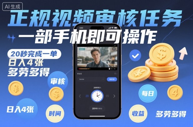 正规视频审核任务，一部手机即可操作，20秒完成一单，日入4张，多劳多得【揭秘】-云深网创社