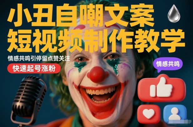 小丑自嘲文案短视频制作教学，情感共鸣引停留点赞关注，快速起号涨粉-云深网创社