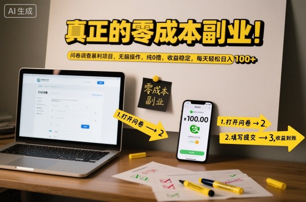 真正的零成本副业！问卷调查暴利项目，无脑操作，纯0撸，收益稳定，每天轻松日入100+【揭秘】-云深网创社
