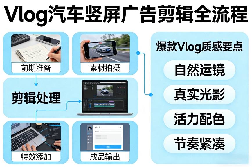 Vlog感觉汽车竖屏广告剪辑脚本全流程，拿捏爆款Vlog质感-云深网创社