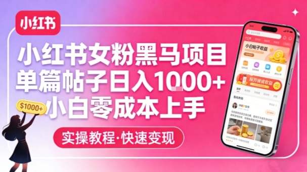 小红书女粉黑马项目，单篇帖子日入1k+，小白零成本上手-云深网创社