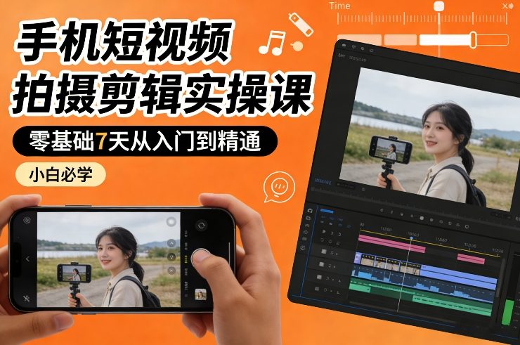 手机短视频拍摄剪辑实操课，零基础7天从入门到精通，小白必学-云深网创社