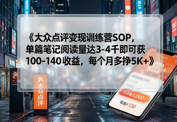 大众点评变现训练营SOP，单篇笔记阅读量达3-4千即可获100-140收益，每个月多挣5K+-云深网创社