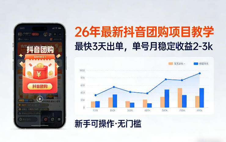 26年最新抖音团购项目教学，0门槛，最快3天出单，单号月稳定收益2-3k-云深网创社